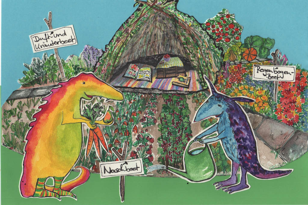 Zeichnung von Beate Allgeier als Vorschlag für die Aufteilung eines Garten für Kinder